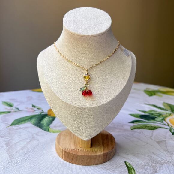Sunshine Cherry Necklace, Crystal Charm, Cute Citrine Yellow Coquette Fun - Picture 1 of 8